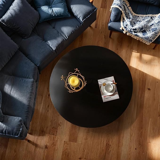 Modern Wood Coffee Table - Handcraft Drum Coffee Tables with Sturdy Base, Easy Assembly, Contemporary Style Small Coffee Table Tea Table for Living Room, Bedroom, Office (Black Thick)