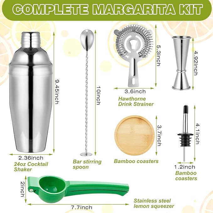 Mifoci 9 Pcs Bamboo 5 Tier Margarita Salt Rimmer Set, Cocktail Shaker Set Bartender Kit, Measuring Jigger, Mixing Spoon, Citrus Squeezer, Ice Filter, Coasters, Bar Accessories for House Party Gift