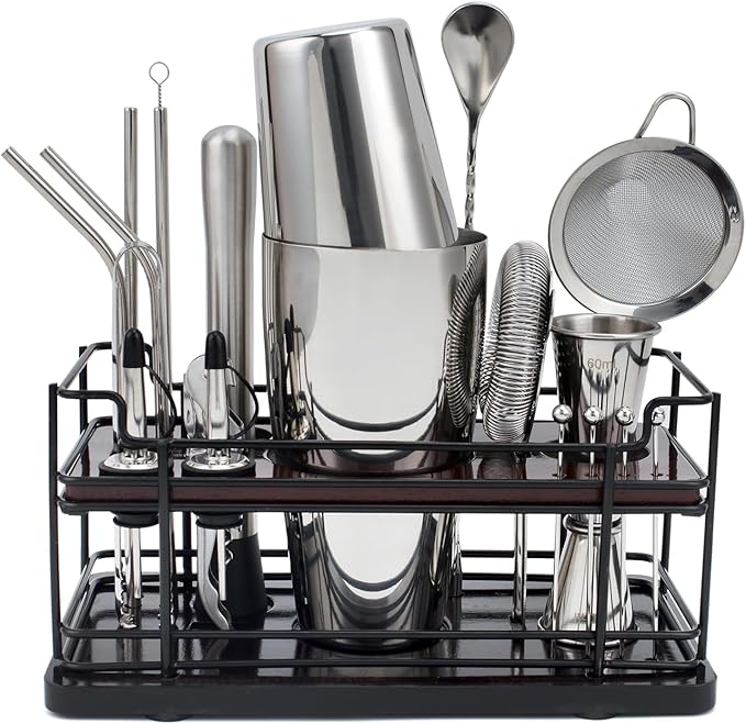 Boston Cocktail Shaker Set with Stand, 20-Piece Complete Bartender Kit for Home Bar Use, Essential Bar Set with 18oz & 28oz Tin Shaker, Bar Accessories and Recipes, Ideal for Parties & Gift Giving