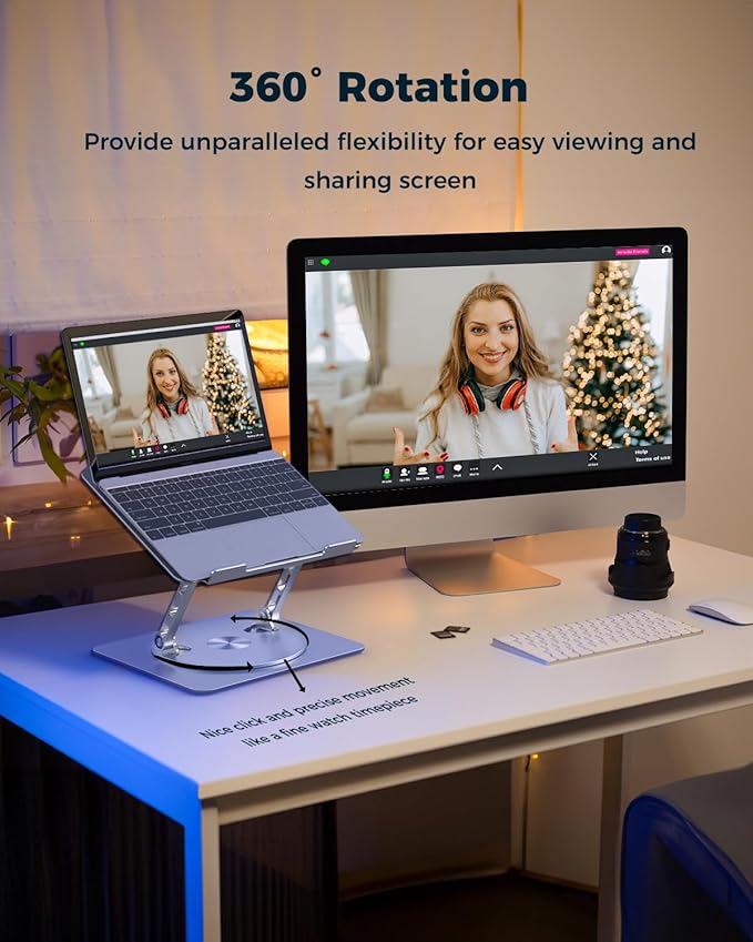 Adjustable Laptop Stand for Desk - Portable Laptop Riser with Rotating Base, Foldable Aluminum Computer Stand, Ergonomic Laptop Holder for MacBook Pro/Air Dell HP Lenovo Notebook up to 16" (Silver)