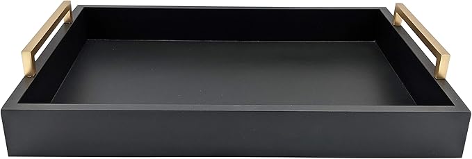 Decorative Coffee Table Tray - Ottoman Tray - Breakfast, Drinks, Liquor Serving Platter - from Farmhouse to Modern - Matte Finish - Champagne Gold Handles - Pitch Black Tray
