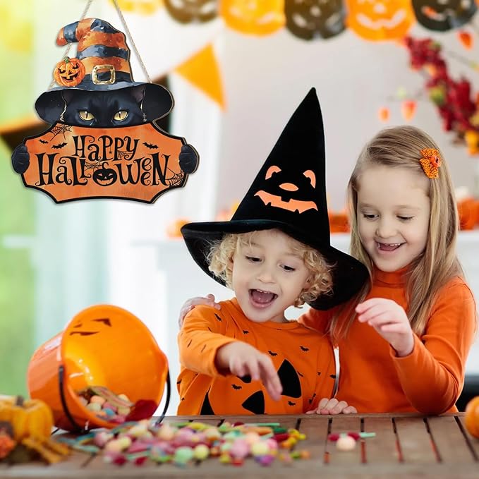 HPNIUB Black Cat Halloween Plaque, Rustic Witch Hat Pumpkins Wood Hanger for Home, Cute & Scary Wooden Sign for Halloween Party Front Door Decor