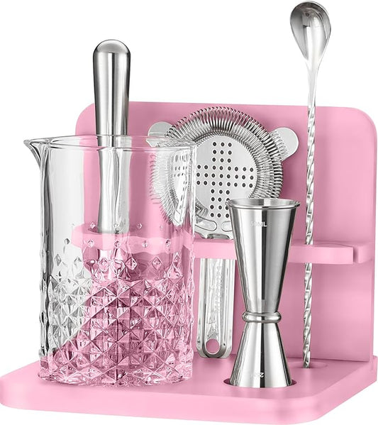 Crystal Cocktail Mixing Glass Set with Bamboo Stand - 22 Oz 650ml - Thick and Sturdy Bottom, Durable and Seamless Design with Bar Accessories, Pink