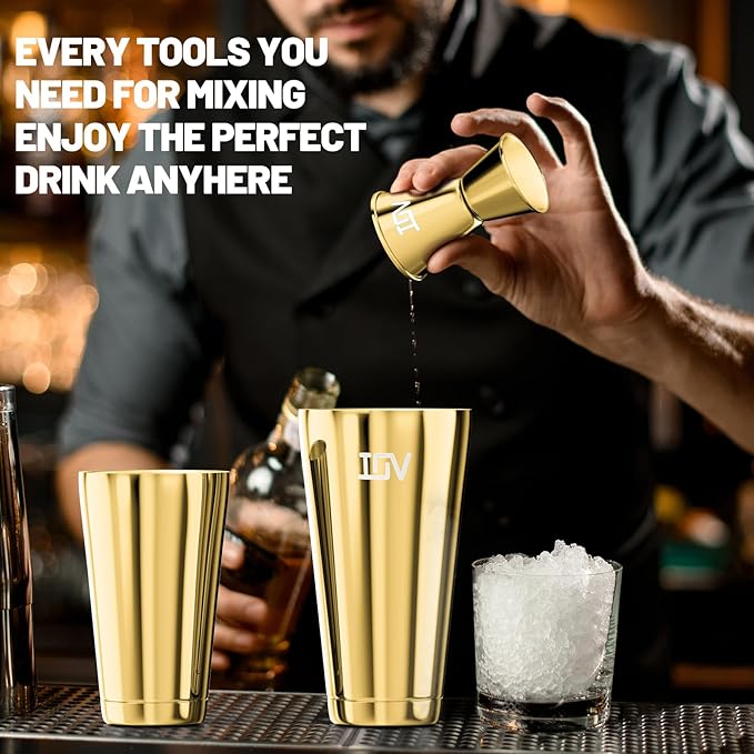 IOV Boston Cocktail Shaker Bar Set, Bartender Kit Drink Mixer Set with 18 oz & 28 oz Boston Shakers, Hawthorne Strainer, Double Jigger, Bar Tool Kit and Recipe Booklet - Gold