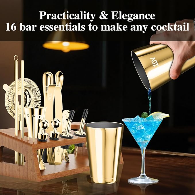 IOV Mixology Bartender Kit Bar Set with Stand | 17-Piece Cocktail Shaker Set | 28oz Boston Shaker Drink Mixer Set with All Essential Accessory Tools | Fun Housewarming Gift (Gold)