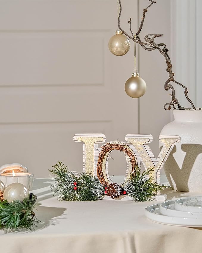 DN DECONATION Rustic Wooden Tabletop Christmas Joy Sign Decoration-White and Gold Xmas Joy Decorated with Needle Pine Branch, Pine Cone & Red Berries for Home Farmhouse Fireplace Mantel Decor