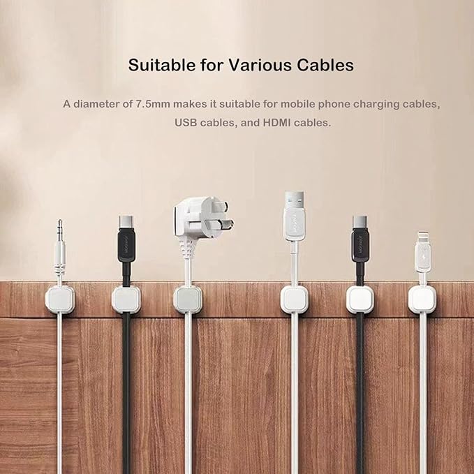 10 Pack Cord Organizer, Magnetic Cord Holder, Cable Clips for Desk, Adhesive Cable Management Wire Keeper for Nightstand, Home, Office, Desktop, Car, Wall (White)