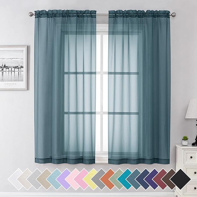 Aiyufeng Dusty Blue Sheer Curtains 63 Inch Length 2 Panels Set, Light Filtering Airy Rod Pocket Dusty Blue Window Curtain Treatment Drapes for Kitchen Bedroom Living, Each 40Wx63L Inches