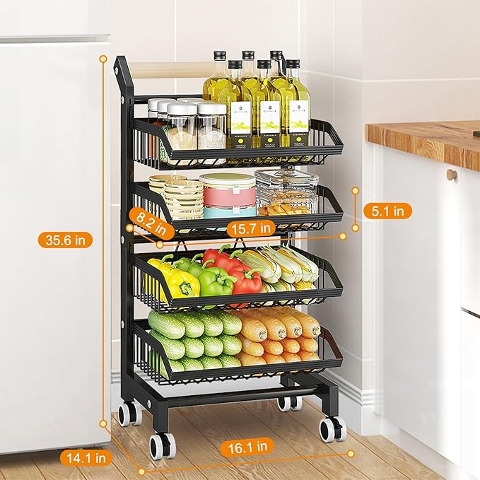 4-Tier Kitchen Utility Cart with Wheels - Versatile Mobile Storage Organizer with Adjustable Baskets for Kitchen, Pantry, Fruits, Vegetables, Snacks