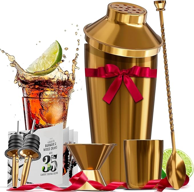 Bar Set Cocktail Shaker Set Bartender Kit, 8 Piece Gold Cocktail Set, Mixology Bartender Kit, Steel Drink Shakers Cocktail Kit, Bar Accessories: 24oz Martini Shaker, Muddler, Cocktail Book and More