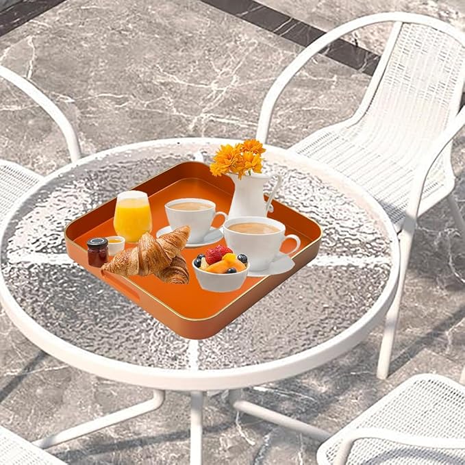 Serving Tray with Gold Trimming, Square Decorative Serving Trays with Handles, Coffee Table Tray Plastic Tray for Ottoman Living Room, Bathroom,Home Decor 13" L x 13" W x 1.57" H(Orange)