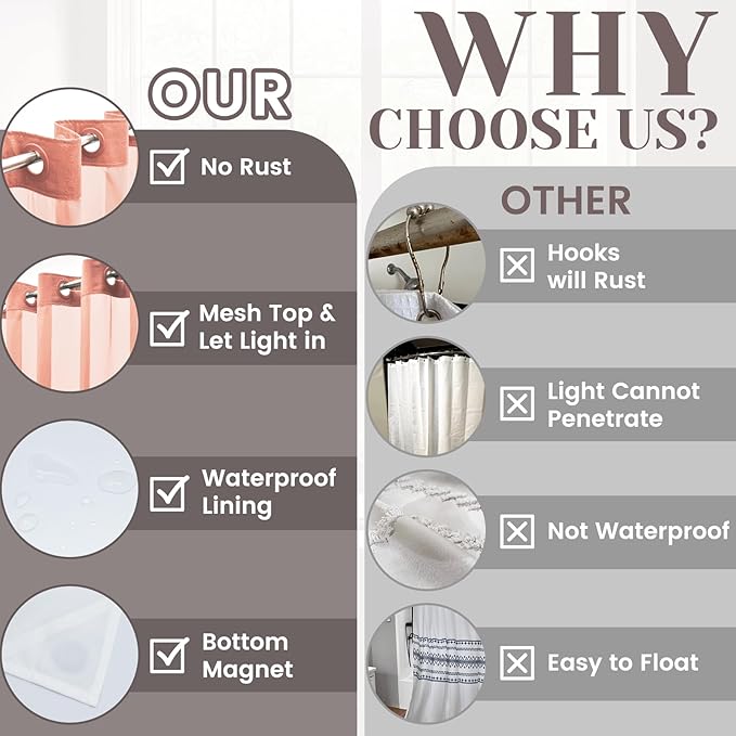 No Hook Slub Textured Shower Curtain with Snap in Liner - Coral Fabric Outer Curtain & Waterproof Inner Liner, Hotel Style with See Through Top Window, 71x74 in