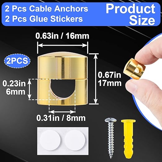 2 Sets Charger Holders for Cords, Gold Adjustable Cable Anchor Holders, Adhesive Metal Cord Clips, Cable Management Wire Organizers for Desk, Office, Nightstand