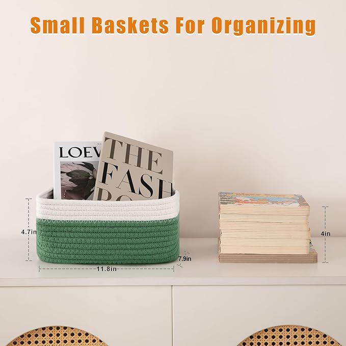 OIAHOMY 4 Pack Storage Baskets for Organizing, Small Bins for Shelves, Cute Decorative Storage Bins, Organizer Baskets for Gifts Empty, 11.8''Lx7.8''Wx4.7''H, Green/White