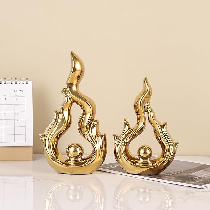 2 Pcs Gold Ceramic Sculptures for Home Decor, Modern Abstract Art Statues, Centerpieces for Dining Room Table, Living Room, Shelf, Mantel, Coffee Table, Entryway Accent Decorations