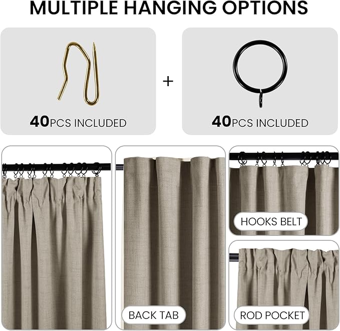100% Blackout Curtains 96 inches Length Linen Blend Bedroom Curtains, Rod Pocket Back Tab Black Out Window Curtain Set Living Room Curtains, Full Blackout Curtains 2 Panels Drape, Linen