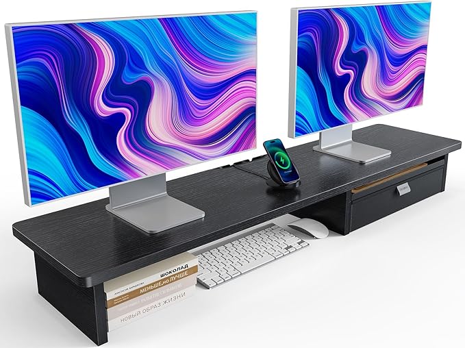 HUANUO Large Dual Monitor Stand with Drawer, Wood Monitor Stand Riser for 2 Monitors with Storage & Cable Management, Desktop Organizer up to 55" fit Monitor, Computer, TV, Printer