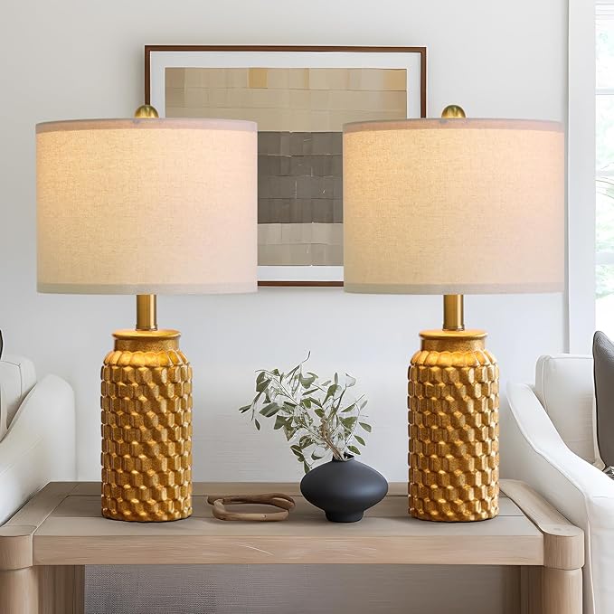 20.5" Gold Modern Ceramic Bedside Lamp Set of 2 for Bedroom Decor Farmhouse Table Lamp for Living Room Office Dorm