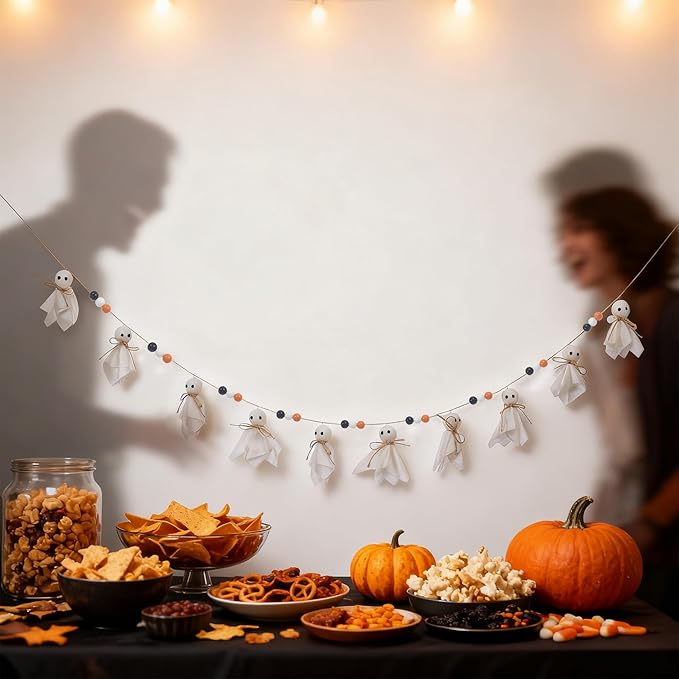 7Ft Halloween Decor Ghost Garland with Wooden Beads - Adjustable Hanging Cute Vintage Banner for Indoor Outdoor Wall Home Fireplace Mantel Spooky Party Decorations