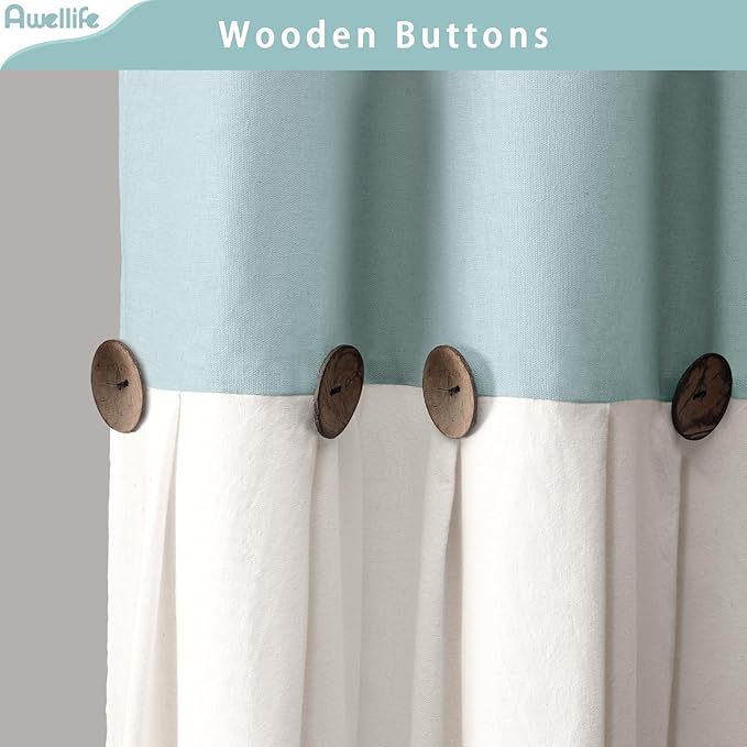 Awellife Farmhouse Blue Shower Curtain Button Linen Textured Woven Fabric,Country Style,72x72 Inch