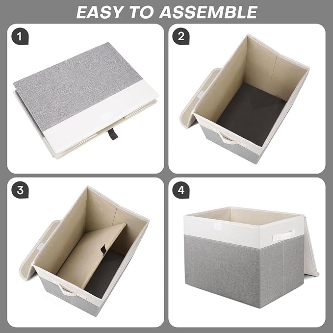 Large 17" 42 Quarts Collapsible Stackable Storage Bins with Lids [3-Pack] Foldable Fabric Linen Storage Boxes Cube, Closet Organizer Baskets with Label (16.7 x 12 x 12", Gray & White)