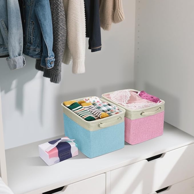 BALEINE 1 Pack Fabric Storage Bins for Shelves, Linen Storage Baskets for Organizing, Decorative Closet Bins for Clothes, Home (Pink, 12"x8"x8")