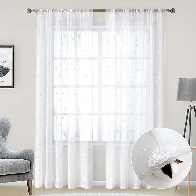 HOMEIDEAS White Sheer Curtains 52 X 84 Inches Long 2 Panels Embroidered Leaf Pattern Pocket Faux Linen Floral Semi Sheer Voile Window Curtains/Drapes for Bedroom Living Room