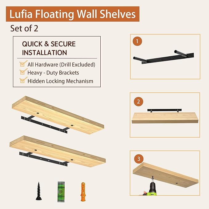 Lufia Floating Wall Shelves, Set of 2, MDF with Invisible Brackets, Modern Storage for Bedroom, Bathroom, Living Room, Kitchen (Oak, 32" W X 7" D X 1.5" H)