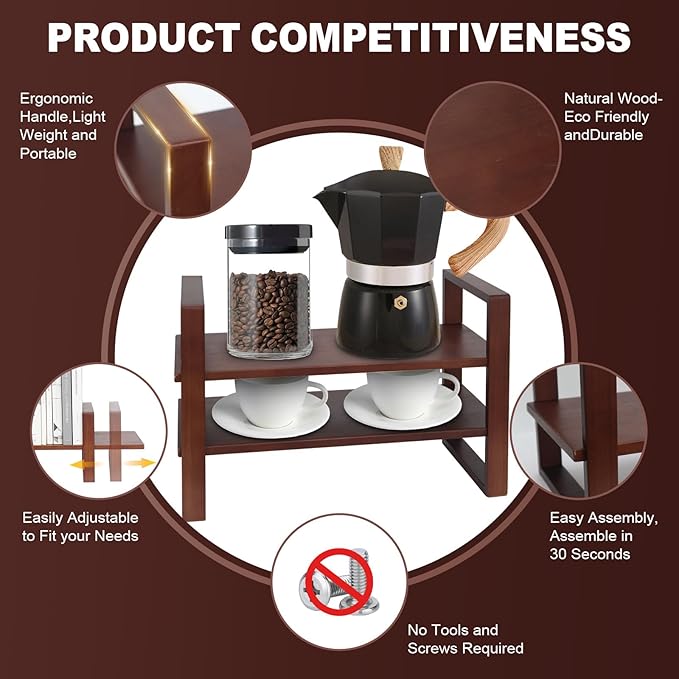 Desk Organizer - Adjustable & No Assembly Needed, Solid Pine Wood, Desktop Shelf Holds up to 130lbs for Office, Books, Bathroom Storage & Organization-Walnut Colour