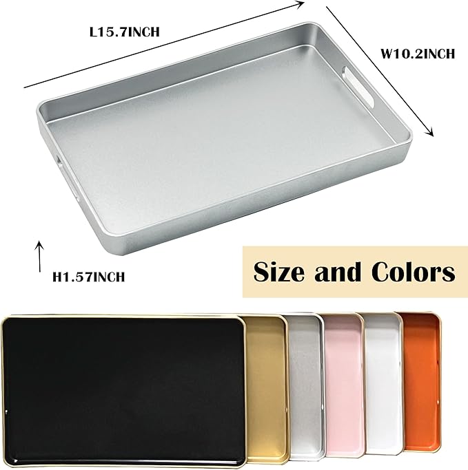 Serving Tray with Gold Trimming,Rectangular Sturdy Serving Trays with Handles, Coffee Table Tray Plastic Tray for Ottoman Living Room, Bathroom,Home Decor 15.7" L x 10.2" W x 1.57" H(Silver)