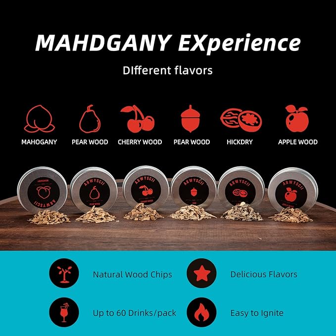 Premium Cocktail Smoker Kit with 6 Wood Smoking Chip Flavors - Perfect for Old-fashioned, Whiskey, and Bourbon Lovers. Great Gift Idea for Husband, or Father's Birthday, Holidays. (Torch Not Included)