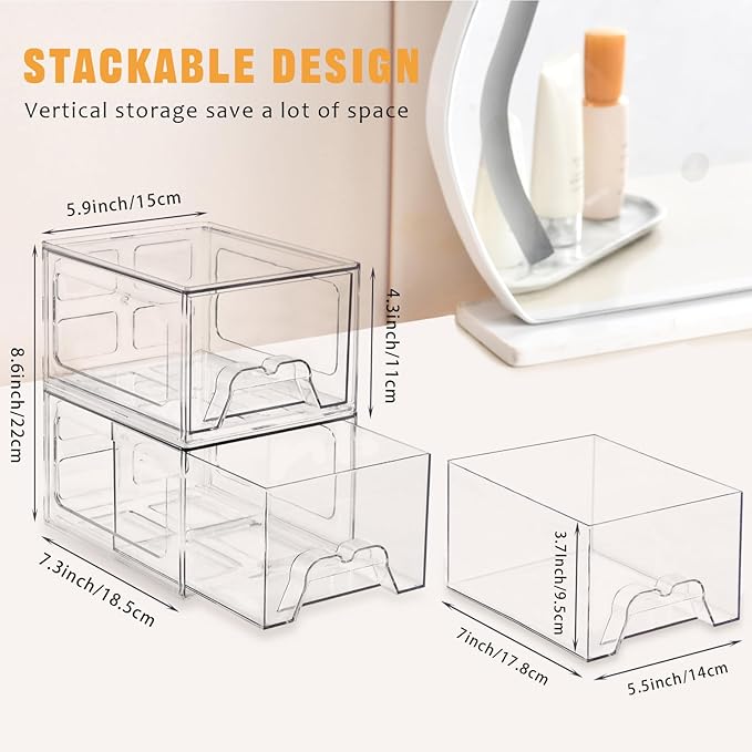8 Pack Stackable Makeup Organizer, 4.4'' Tall Acrylic Bathroom Makeup Organizer and Storage Drawer with Pull-out Handle, Clear Plastic Storage Bins for Vanity,Pantry,Desk,Undersink,Kitchen