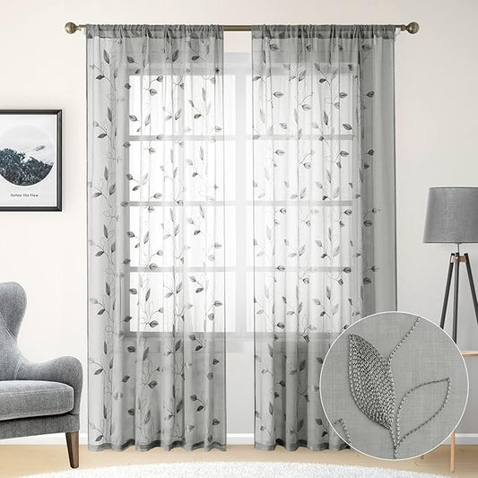 HOMEIDEAS Light Grey/Gray Sheer Curtains 52 X 96 Inches Long 2 Panels Embroidered Leaf Pattern Pocket Faux Linen Floral Semi Sheer Voile Window Curtains/Drapes for Bedroom Living Room