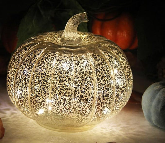 Mercury Glass Pumpkin Light with Timer, with 10 Fairy Lights Inside,Battery Operated Led Pumpkin Light,Ideal for Halloween Fall Decoration, Thanksgiving Rustic Decor, Xmas Decor (Silver)