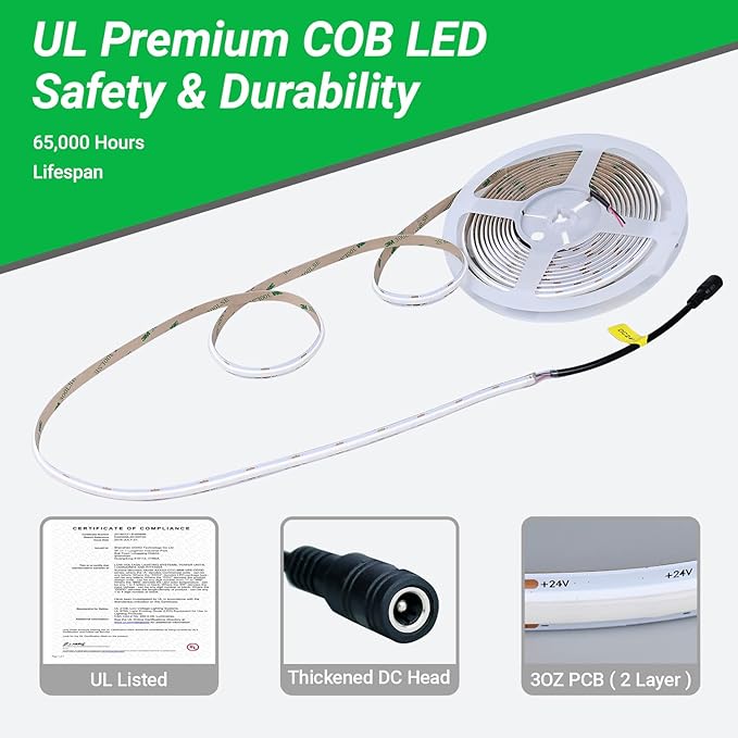 JOYLIT 24V COB LED Strip Lights 16.4FT/5M 288LEDs/M 3000K Warm White, UL Premium 6W/FT 10500LM Super Bright Dimmable LED Tape CRI 92, 120 Degree Beam Angle Light Strip Without Dots (No Power Supply)