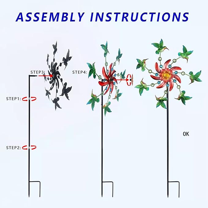 39" Hummingbird Wind Spinner for Yard and Garden Stake,Outdoor Metal Windmill Single Direction Wind Sculptures Kinetic Windmills for Yard Garden Decorations