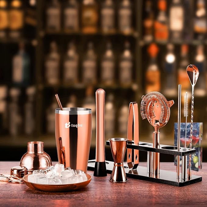 Bartender Kit with Stand, 11 Piece Set, Cocktail Shaker Set 24 oz Shaker Bar Tool Set for Beginner with Recipe