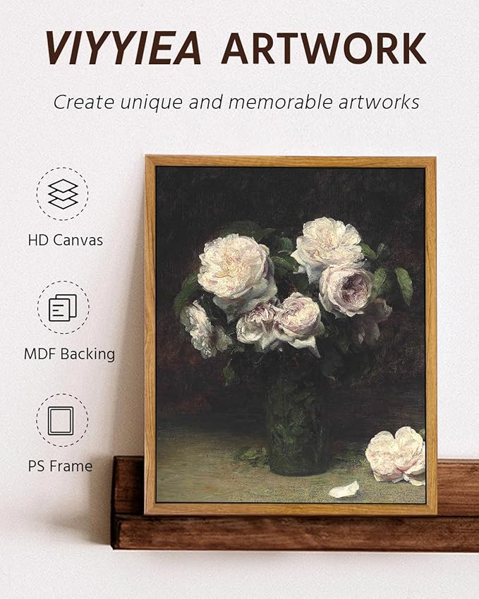 VIYYIEA Vintage Framed Canvas Wall Art Decor, Flower in Vase Classical Painting, Farmhouse Cottage Decor for Bedroom Bathroom Living Room, 9"x11"