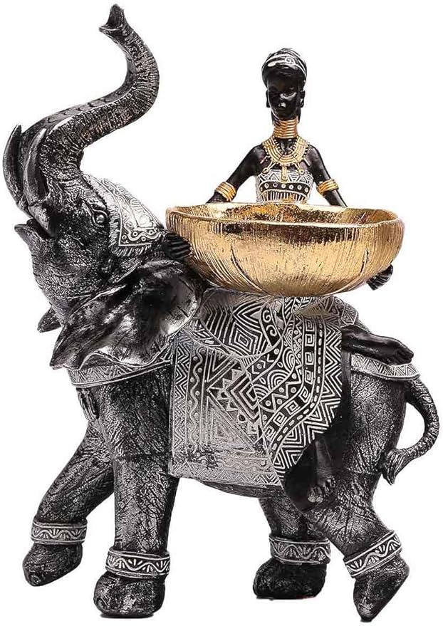 African Design Silver African Elephant and Tribal Lady Figurines with Tribal Totem, Animal and Women Decor Art Sculptures, Holder Statues for Home and Table Decor 911-Black