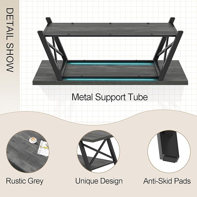 EXCEFUR Coffee Table, Industrial Wood and Metal Center Table for Living Room, Rectangle Cocktail Tea Table with Storage Shelf, Rustic Grey, 47 Inch