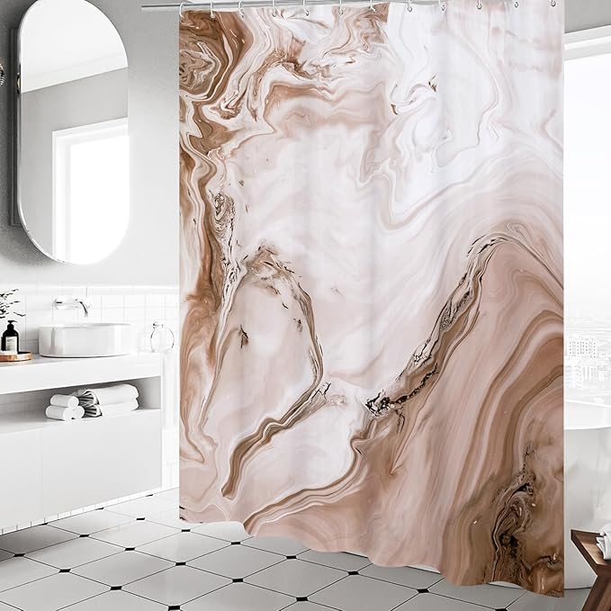 MitoVilla Brown Marble Shower Curtain, Abstract Ombre Fabric Shower Curtains for Modern Bathroom Decor, Luxury Cloth Watercolor Shower Curtain, 72x72