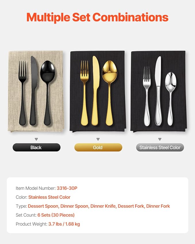 VEVOR 30-Piece Silverware Set, Food-Grade Stainless Steel Flatware Utensils, Mirror Finished Cutlery Set, Dishwasher Safe Eating Tableware for Kitchen Home, Service for 6, Include Knife Fork Spoon