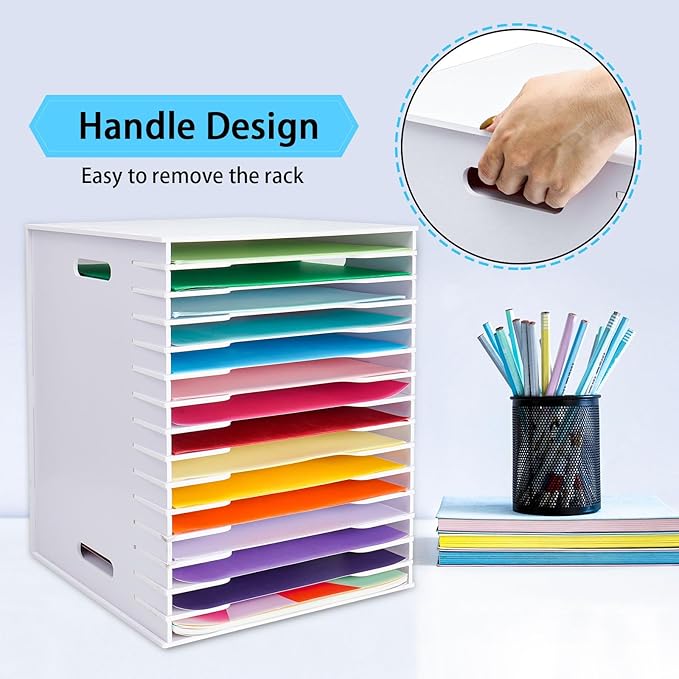 SANFURNEY Scrapbook Paper Organizer for Sizes 12" x 12", 15 Slots File Sorter Storage, Document Holder, Desktop Scrapbook Paper Organizer Rack for Home Office School (White, 15 Slots - Large Size)