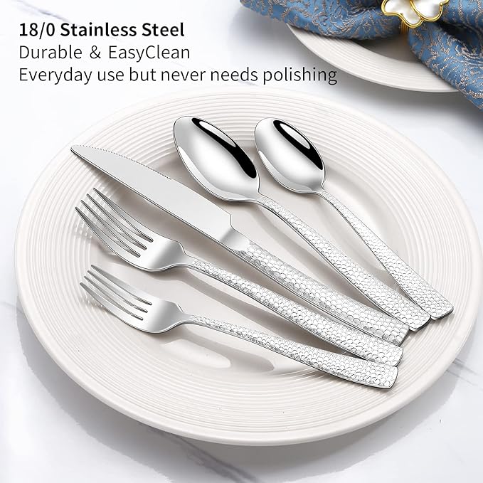 40-Piece Silverware Set, Silver Hammered Stainless Steel Flatware Sets for 8, Food-Grade Tableware Set, Including Fork Knife Spoon Set, Home Kitchen Cutlery Sets, Dishwasher Safe