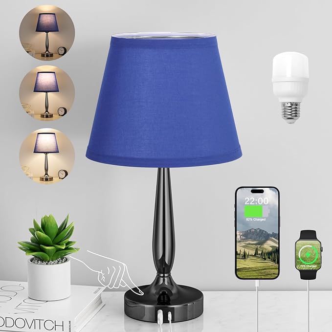Kakanuo Touch Bedside Lamp for Bedroom with USB C Port, Small Touch Table Lamp with 2 USB Charging Ports, 3 Way Dimmable Nightstand Lamp for Living Room and Office - Royal Blue (LED Bulb Included)