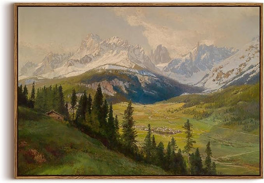 KISSFOX Vintage Framed Wall Art Alpine Valley Landscape Canvas Art Farmhouse Rustic Snow Mountain Paintings Artwork Natural Serene Countryside Cottagecore Art Prints For Bedroom Bathroom Living Room