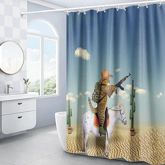 Domoku Cat Shower Curtain Cute Funny Cowboy Cat Riding Horse in The Desert Bathroom Shower Curtains Polyester Fabric Waterproof with 12Hooks 72 * 78inch/180cm*200cm