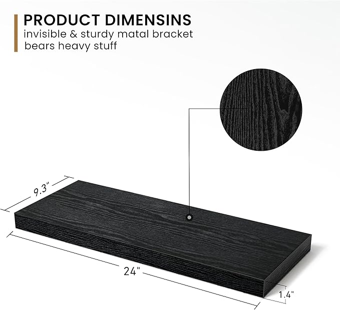 Fun Memories Floating Shelves - 2 Pack 9 Inch Deep Rustic Wooden Wall Shelves - Wall Mounted Storage Shelf with Invisible Brackets, 24" W x 9" D x 1.6" H - Black