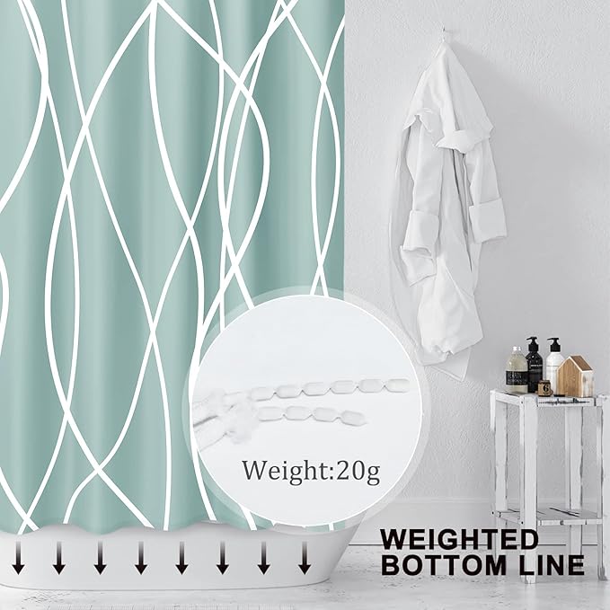 Punkray Light Green Shower Curtain for Bathroom with Hooks Shower Curtain Set, White Stripe Bath Curtains Decorative Shower Curtains Water Repellent Washable, 72 x 72