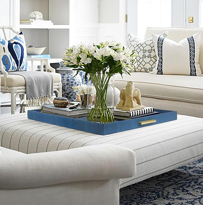 HofferRuffer Elegant Decorative Serving Tray, 20"x20" Square Faux Leather Ottoman Tray with Gold Hardware Handles, Coffee Table Serve Tea, Coffee or Breakfast (Navy Blue)